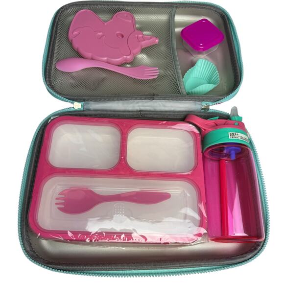 New Coo&Koo Unicorn Girl's Pink Insulated Lunch Bag Set 4 Compartment Lunchbox - Picture 4 of 5